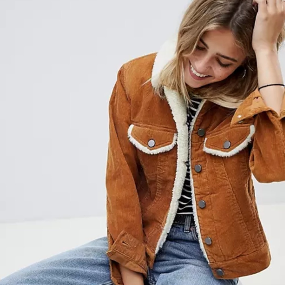 ASOS DESIGN Cord Jacket with Fleece Collar in Rust